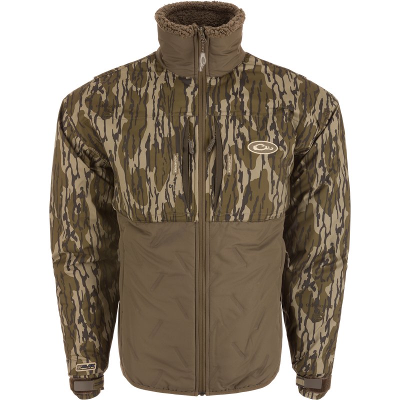 LST Guardian Flex Double Down Eqwader Full Zip Jacket with camouflage pattern, featuring waterproof upper body and abrasion-resistant lower body, designed for outdoor durability.