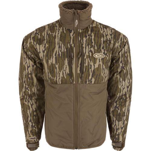LST Guardian Flex Double Down Eqwader Full Zip Jacket with camouflage pattern, featuring waterproof upper body and abrasion-resistant lower body, designed for outdoor durability.