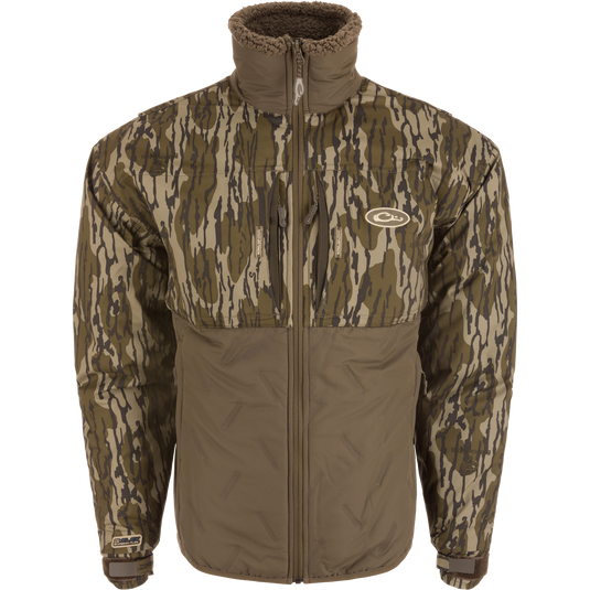 LST Guardian Flex Double Down Eqwader Full Zip Jacket with camouflage pattern, featuring waterproof upper body and abrasion-resistant lower body, designed for outdoor durability.