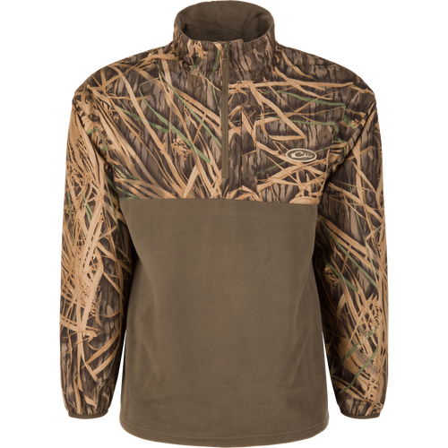 MST Quarter Zip Refuge Eqwader Jacket featuring a camouflage print on the upper body and olive-brown fleece below, designed for comfort and performance in waterfowl hunting.