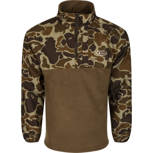 MST Quarter Zip Refuge Eqwader Jacket with camo-patterned shoulders and sleeves, featuring a high collar, quarter-length zipper, chest pocket, and waterproof fabric.