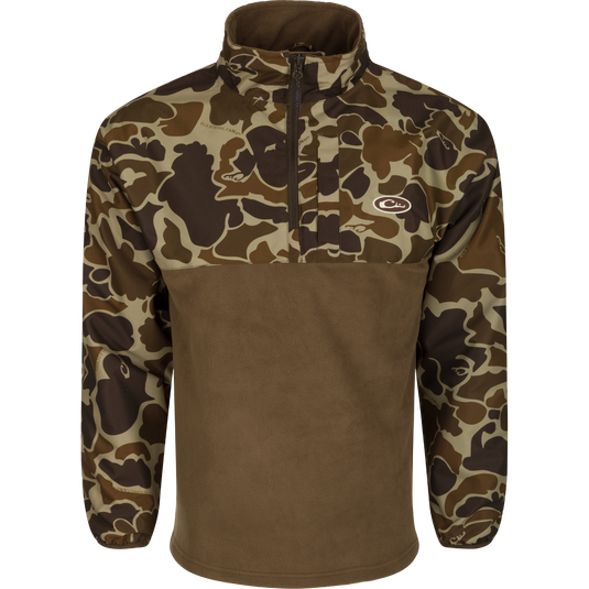 MST Quarter Zip Refuge Eqwader Jacket with camo-patterned shoulders and sleeves, featuring a high collar, quarter-length zipper, chest pocket, and waterproof fabric.