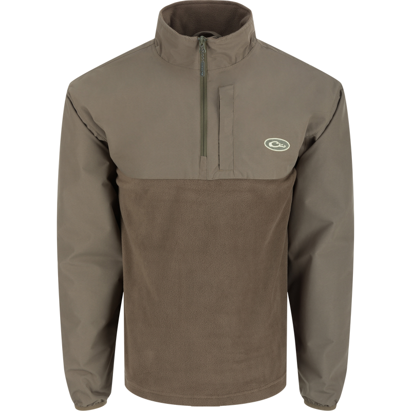 MST Quarter Zip Refuge Eqwader Jacket showcasing waterproof upper fabric and breathable lower material, featuring a collar and sleeve details, ideal for waterfowl hunting.