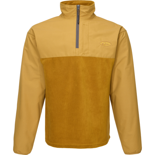 MST Quarter Zip Refuge Eqwader Jacket featuring a close-up of its innovative zipper, logo detail, and durable fabric, designed for superior comfort in waterfowl hunting.