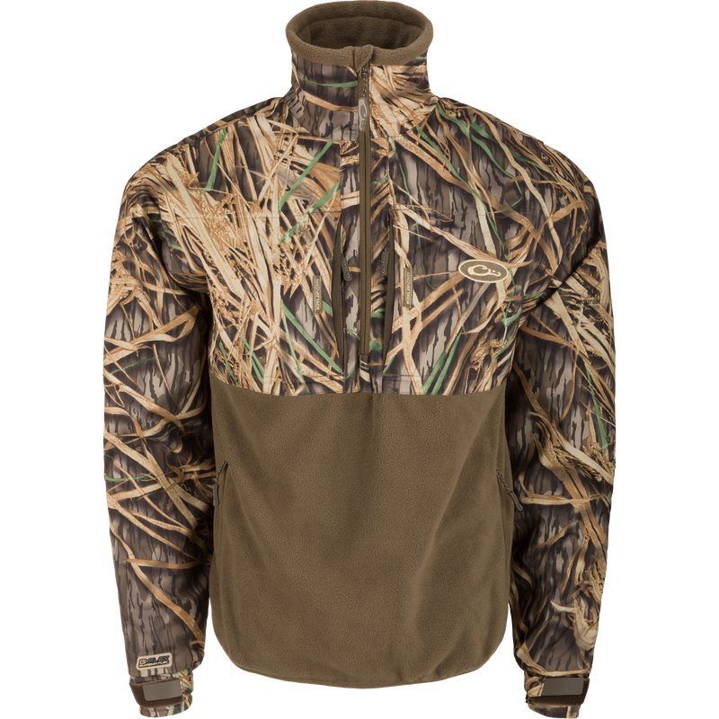 MST Guardian Flex Fleece Eqwader Quarter Zip Jacket with camouflage pattern, featuring Guardian Flex fabric on upper torso and 350-gram fleece on lower body.
