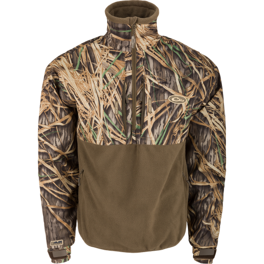 MST Guardian Flex Fleece Eqwader Quarter Zip Jacket with camouflage pattern, featuring Guardian Flex fabric on upper torso and 350-gram fleece on lower body.