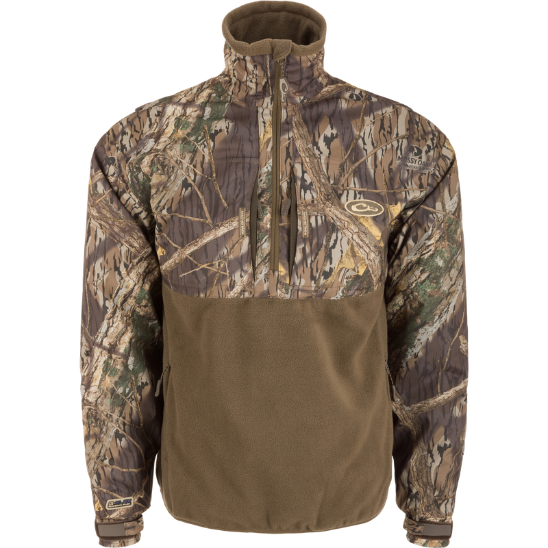 MST Guardian Flex Fleece Eqwader Quarter Zip Jacket with camouflage pattern, Guardian Flex fabric on upper body, fleece lower body, and multiple zippered pockets for outdoor activities.