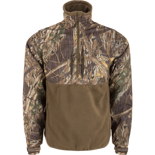 MST Guardian Flex Fleece Eqwader Quarter Zip Jacket with camouflage pattern, Guardian Flex fabric on upper body, fleece lower body, and multiple zippered pockets for outdoor activities.