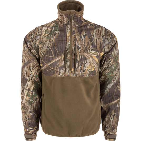 MST Guardian Flex Fleece Eqwader Quarter Zip Jacket with camouflage pattern, Guardian Flex fabric on upper body, fleece lower body, and multiple zippered pockets for outdoor activities.