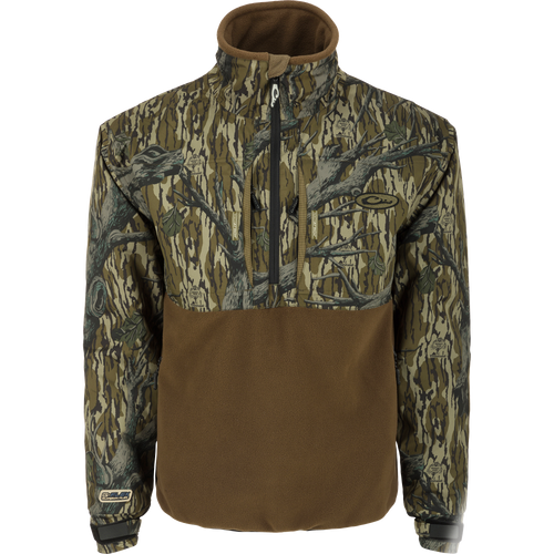 MST Guardian Flex Fleece Eqwader Quarter Zip Jacket showcasing a camouflage design with Guardian Flex fabric on upper body and 350-gram fleece on lower torso.