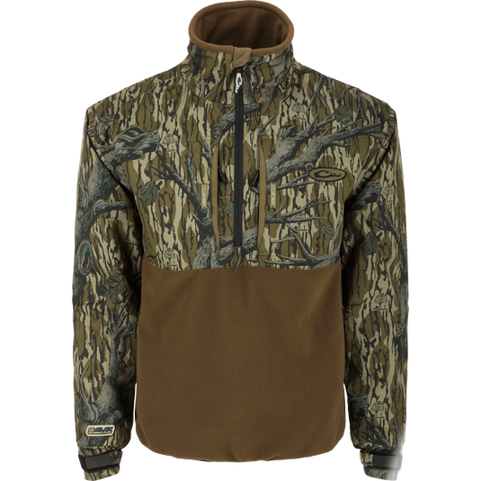 MST Guardian Flex Fleece Eqwader Quarter Zip Jacket showcasing a camouflage design with Guardian Flex fabric on upper body and 350-gram fleece on lower torso.