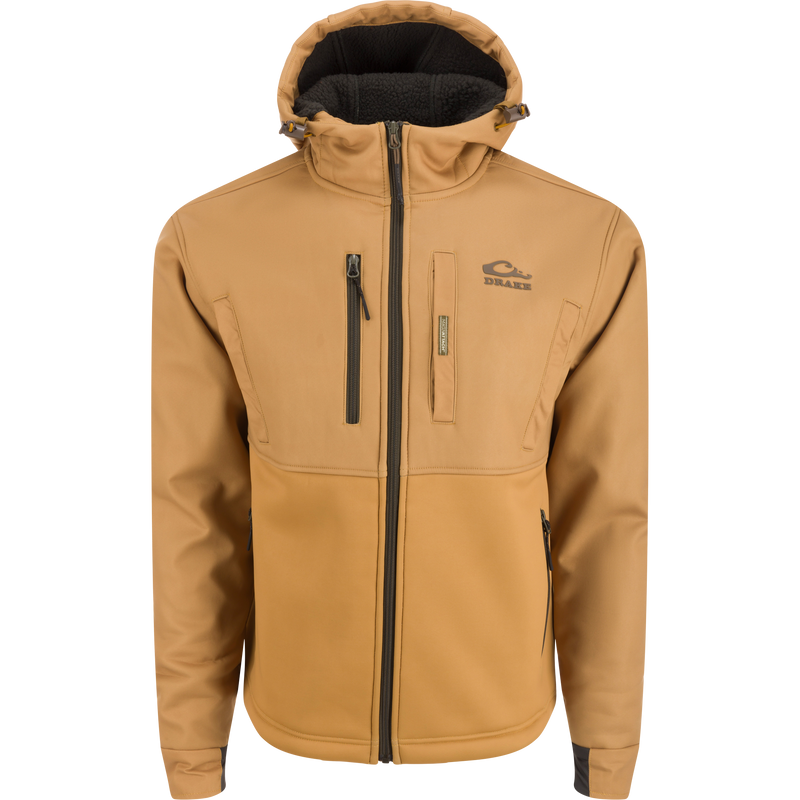 MST Hole Shot Hooded Windproof Eqwader Full Zip Jacket with sherpa-lined upper, adjustable hood and waist, handwarmer pockets, and zippered lower pockets for cold-weather protection.