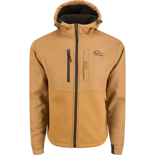 MST Hole Shot Hooded Windproof Eqwader Full Zip Jacket with sherpa-lined upper, adjustable hood and waist, handwarmer pockets, and zippered lower pockets for cold-weather protection.