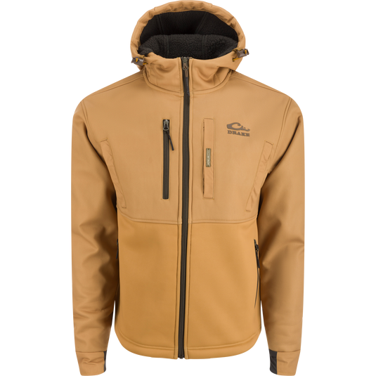 MST Hole Shot Hooded Windproof Eqwader Full Zip Jacket with sherpa-lined upper, adjustable hood and waist, handwarmer pockets, and zippered lower pockets for cold-weather protection.