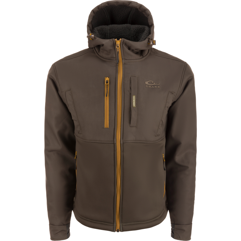 MST Hole Shot Hooded Windproof Eqwader Full Zip Jacket with sherpa-lined upper body, high handwarmer pockets, and adjustable drawcord waist and hood for cold weather hunting.
