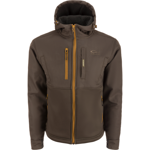 MST Hole Shot Hooded Windproof Eqwader Full Zip Jacket with sherpa-lined upper body, high handwarmer pockets, and adjustable drawcord waist and hood for cold weather hunting.