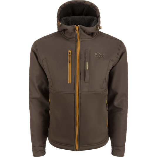 MST Hole Shot Hooded Windproof Eqwader Full Zip Jacket with sherpa-lined upper body, high handwarmer pockets, and adjustable drawcord waist and hood for cold weather hunting.