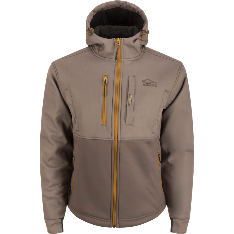 MST Hole Shot Hooded Windproof Eqwader Full Zip Jacket with sherpa-lined body, high handwarmer pockets, and adjustable waist for optimal cold weather protection.