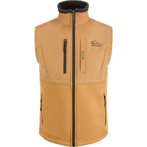 MST Hole Shot Two-Tone Eqwader Vest with windproof upper, sherpa-lined lower, high handwarmer pockets, and adjustable waist, ideal for mid-to-late season hunting.