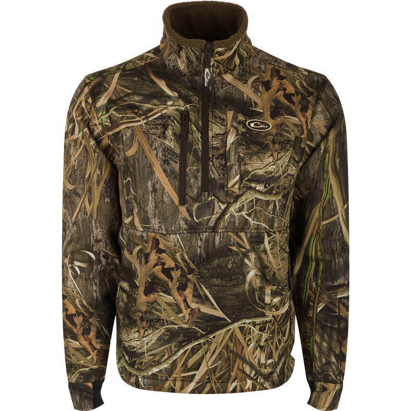 MST Hole Shot Windproof Eqwader 1/4 Zip Jacket: Sherpa-lined, windproof upper body for protection. Breathable lower body for comfort. High handwarmer pockets, adjustable waist, and cord locks for quick adjustments.