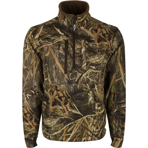 MST Hole Shot Windproof Eqwader 1/4 Zip Jacket: Sherpa-lined, windproof upper body for protection. Breathable lower body for comfort. High handwarmer pockets, adjustable waist, and cord locks for quick adjustments.