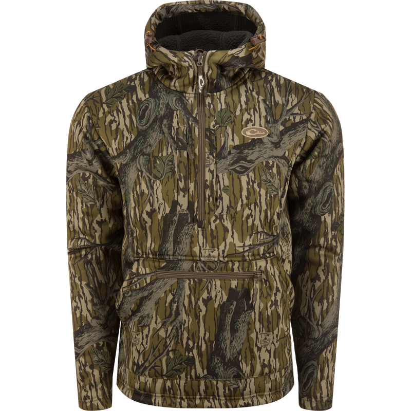 Ultimate Wader Quarter Zip Hoodie with high hand-warmer pockets, vertical chest pockets, and adjustable waist, designed for superior warmth and comfort in outdoor activities.