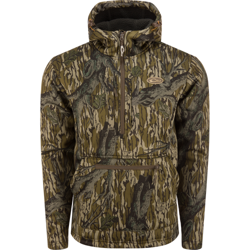 Ultimate Wader Quarter Zip Hoodie with high hand-warmer pockets, vertical chest pockets, and adjustable waist, designed for superior warmth and comfort in outdoor activities.