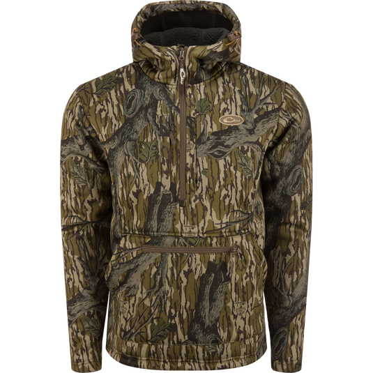Ultimate Wader Quarter Zip Hoodie with high hand-warmer pockets, vertical chest pockets, and adjustable waist, designed for superior warmth and comfort in outdoor activities.