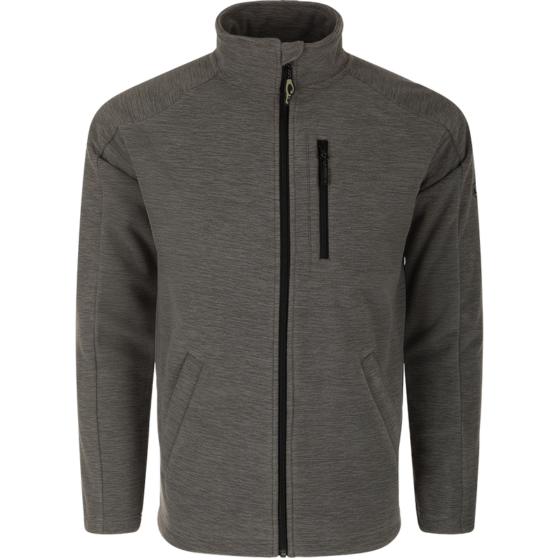 Heathered Windproof Full Zip jacket with convenient storage and style. Stay warm and dry with windproof laminate and comfortable polyester lining.