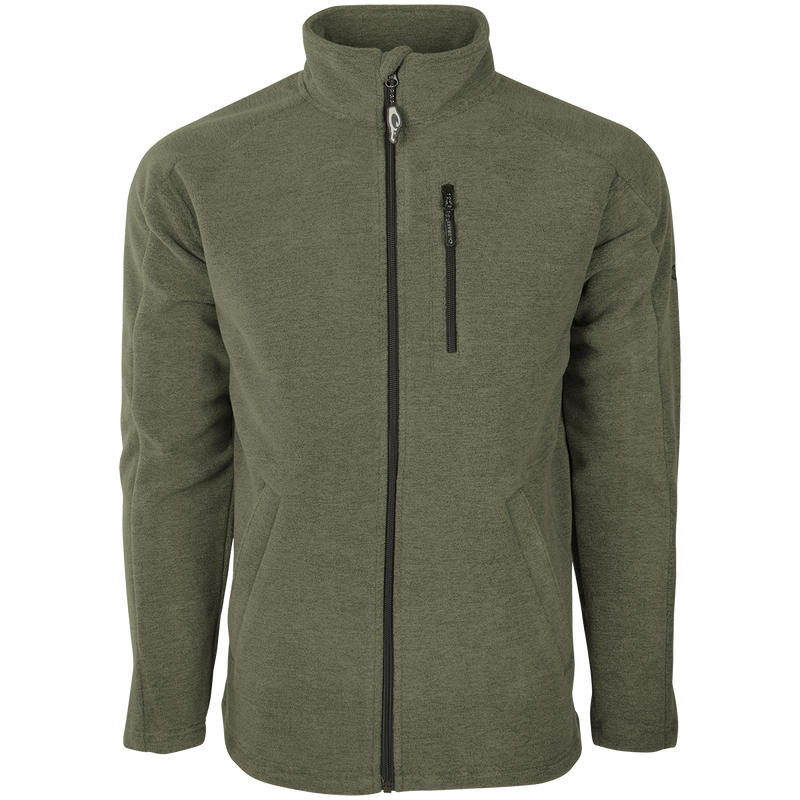 Heathered Windproof Full Zip jacket with YKK zippered pockets and polyester tricot lining. Stay warm and dry in this high-quality outerwear.