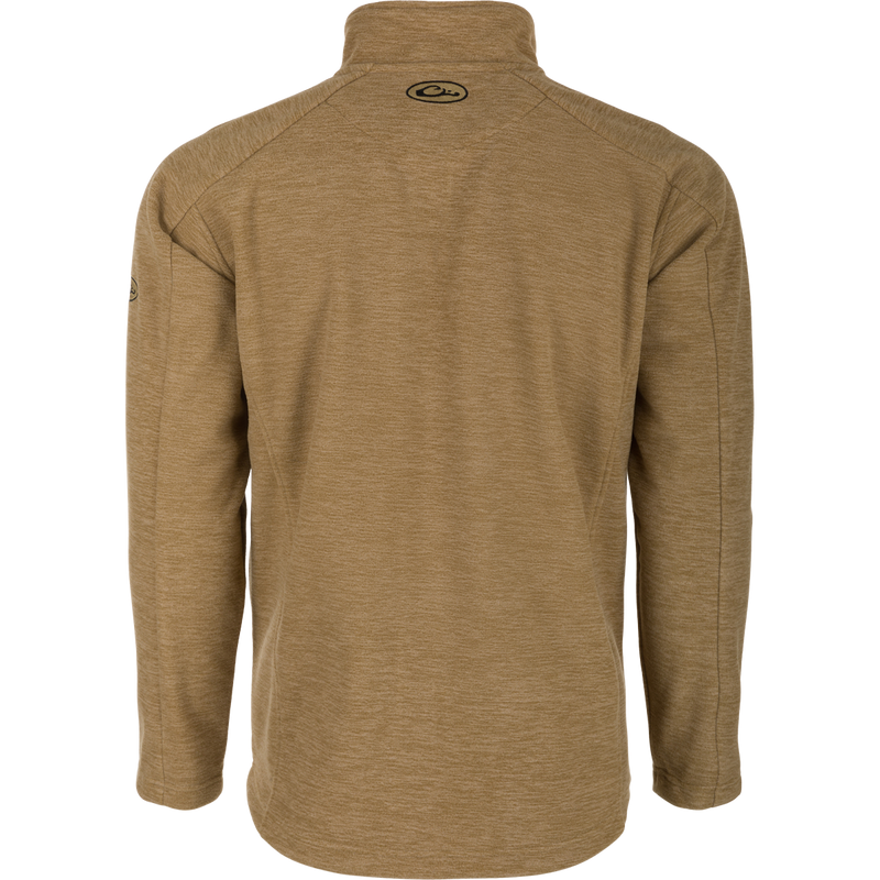 A brown jacket with a logo, featuring a windproof full zip design. Stay warm and dry with 100% polyester microfleece shell and windproof laminate inner shell. YKK zippered side slash pockets and a vertical YKK zippered left chest pocket provide convenient storage and style.