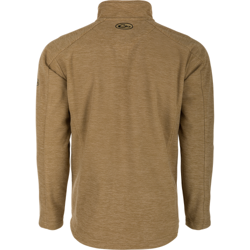 A brown jacket with a logo, featuring a windproof full zip design. Stay warm and dry with 100% polyester microfleece shell and windproof laminate inner shell. YKK zippered side slash pockets and a vertical YKK zippered left chest pocket provide convenient storage and style.