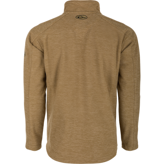 A brown jacket with a logo, featuring a windproof full zip design. Stay warm and dry with 100% polyester microfleece shell and windproof laminate inner shell. YKK zippered side slash pockets and a vertical YKK zippered left chest pocket provide convenient storage and style.