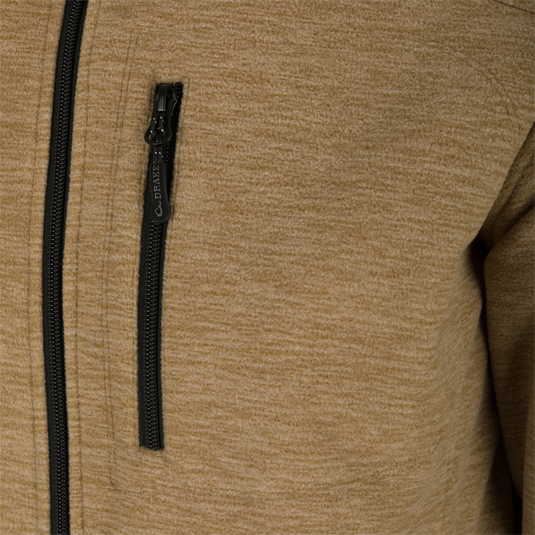 Heathered Windproof Full Zip jacket with close-up of zipper and YKK zippered pockets. Stay warm and stylish in this windproof, microfleece shell jacket.