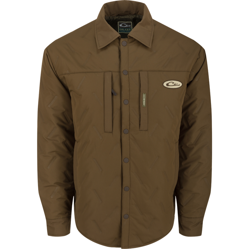 LST Double Down Jac-Shirt with button-down design, chest pockets, and snap-front placket, offering water-resistant protection and insulation for versatile hunting conditions.