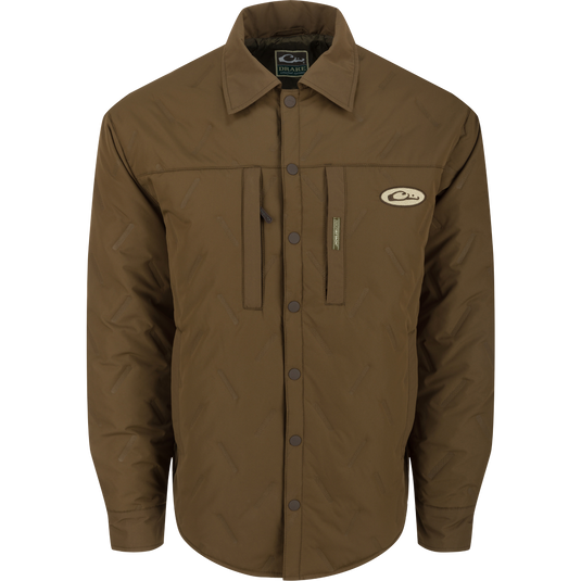 LST Double Down Jac-Shirt with button-down design, chest pockets, and snap-front placket, offering water-resistant protection and insulation for versatile hunting conditions.