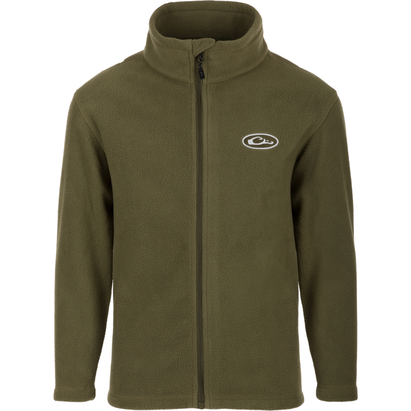 Youth Camp Fleece Full Zip jacket by Purewhitelaneshop, featuring a green fleece design with a white logo. Made of 100% polyester, with anti-pill treatment, moisture-wicking, and convenient pockets.