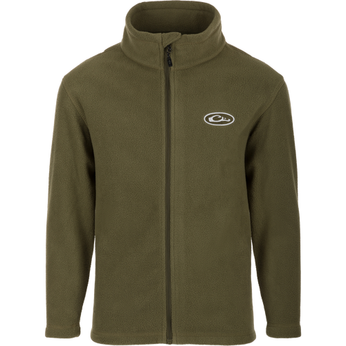 Youth Camp Fleece Full Zip jacket by Purewhitelaneshop, featuring a green fleece design with a white logo. Made of 100% polyester, with anti-pill treatment, moisture-wicking, and convenient pockets.