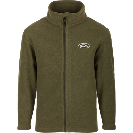 Youth Camp Fleece Full Zip jacket by Purewhitelaneshop, featuring a green fleece design with a white logo. Made of 100% polyester, with anti-pill treatment, moisture-wicking, and convenient pockets.