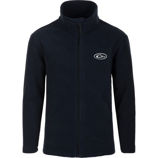 Youth Camp Fleece Full Zip jacket with logo, anti-pill treatment, moisture-wicking, Magnattach pocket, and handwarmer pockets.