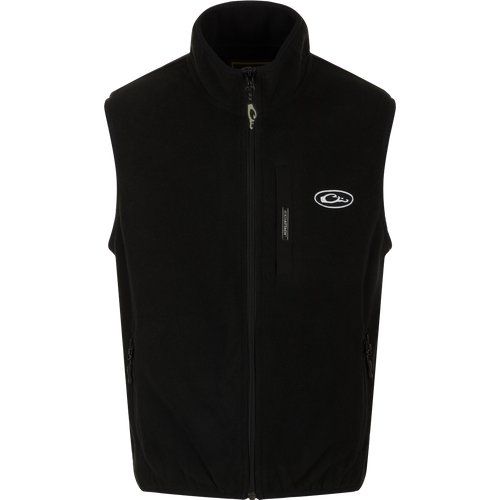 A black Youth Camp Fleece Vest with logo and zipper, featuring anti-pill treatment, moisture-wicking properties, Magnattach pocket, and zippered handwarmer pockets.