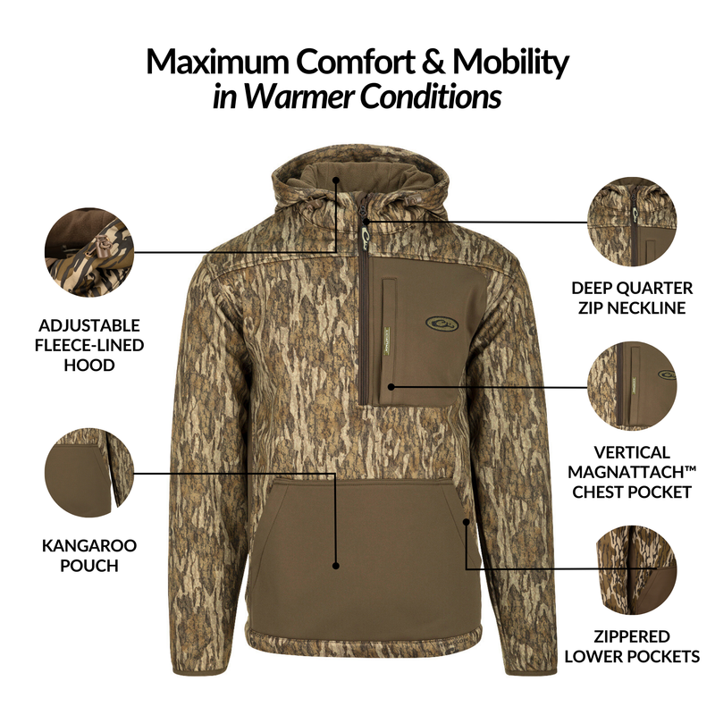 MST Endurance Hoodie With Kangaroo Pouch featuring multiple pockets, a deep quarter-zip neck, and an adjustable fleece-lined hood for enhanced comfort and mobility.