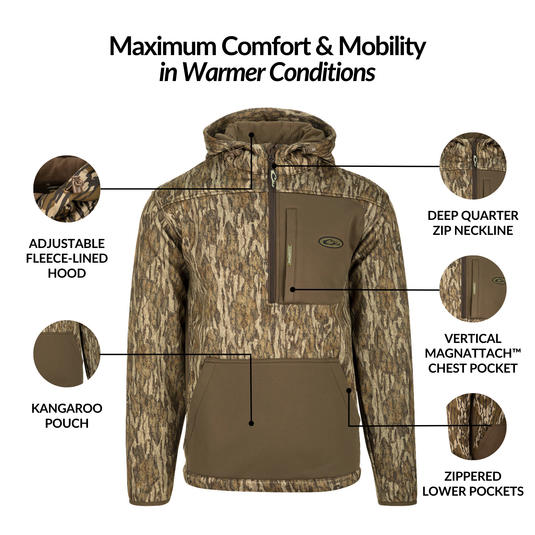 MST Endurance Hoodie With Kangaroo Pouch featuring multiple pockets, a deep quarter-zip neck, and an adjustable fleece-lined hood for enhanced comfort and mobility.