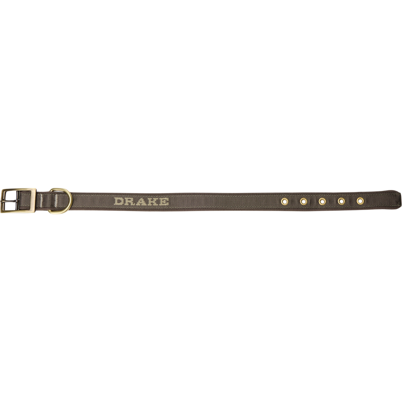 Team Gun Dog Adjustable Webbed Collar with metal buckle, D-ring, and five adjustment eyelets, featuring DRAKE woven near the buckle, ideal for training and walking.