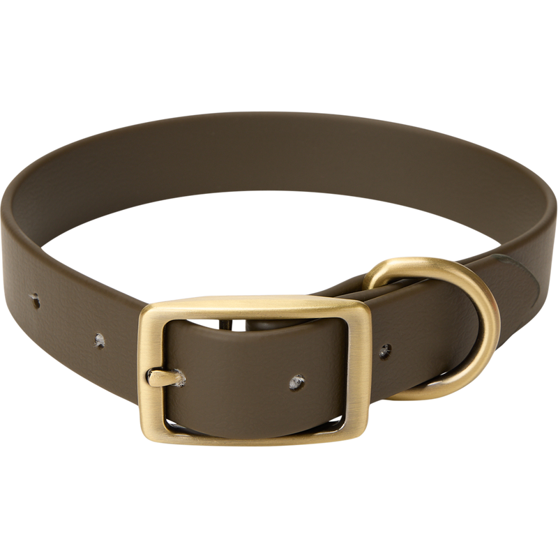 Team Gun Dog TPU Coated Adjustable Waterproof Collar with brass-tone buckle and D-ring, designed for durability and comfort, ideal for hunting dogs.