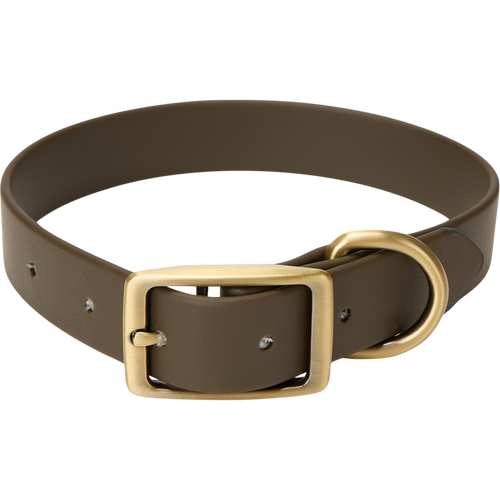 Team Gun Dog TPU Coated Adjustable Waterproof Collar with brass-tone buckle and D-ring, designed for durability and comfort, ideal for hunting dogs.