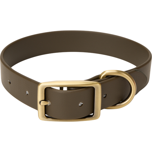 Team Gun Dog TPU Coated Adjustable Waterproof Collar with brass-tone buckle and D-ring, designed for durability and comfort, ideal for hunting dogs.