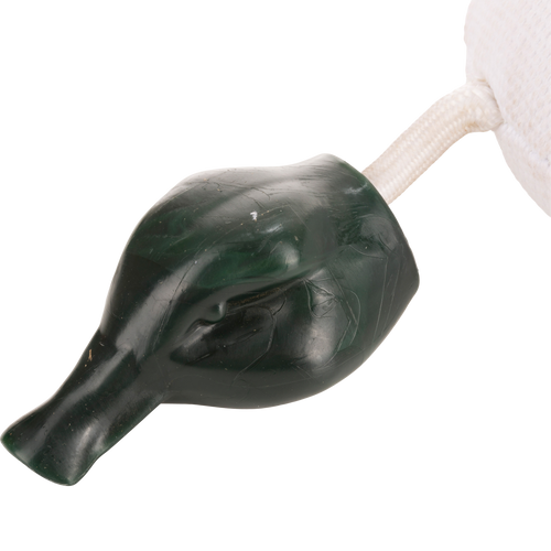 Team Gun Dog Firehose Duck Training Bumper with a dark green bulb and attached white pad, designed for durability and realistic hunting dog training.