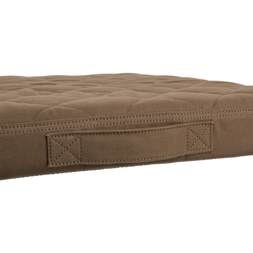 Quilted canvas dog bed with diamond-pattern stitching, featuring a reinforced handle for portability, ideal for outdoor-loving dogs. Water-resistant, memory foam core for comfort.