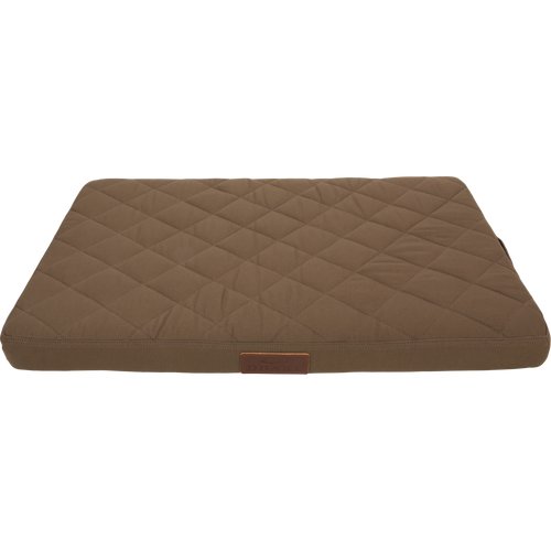 Team Gun Dog Landing Zone Quilted Canvas Dog Bed, featuring a diamond-stitched brown surface with a small DRAKE label, ideal for outdoor-loving pets.